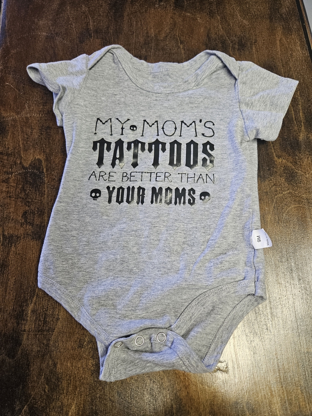 Graphic Grey Baby One-Piece - "My Mom's Tattoos"